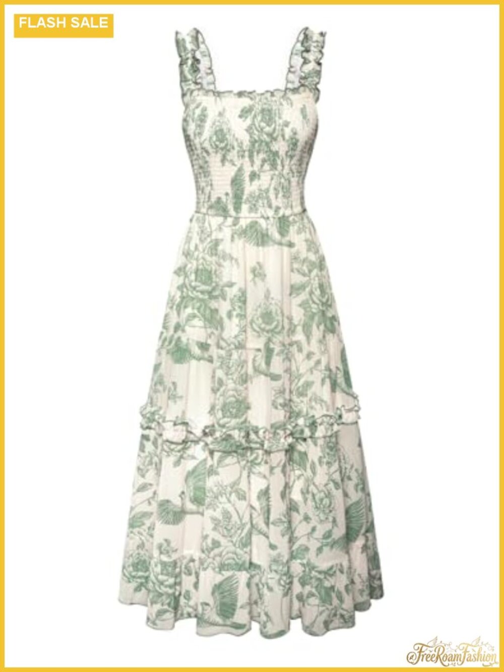 Floral A-Line Midi Sundress with Pockets, Smocked Bodice, Square Neck,